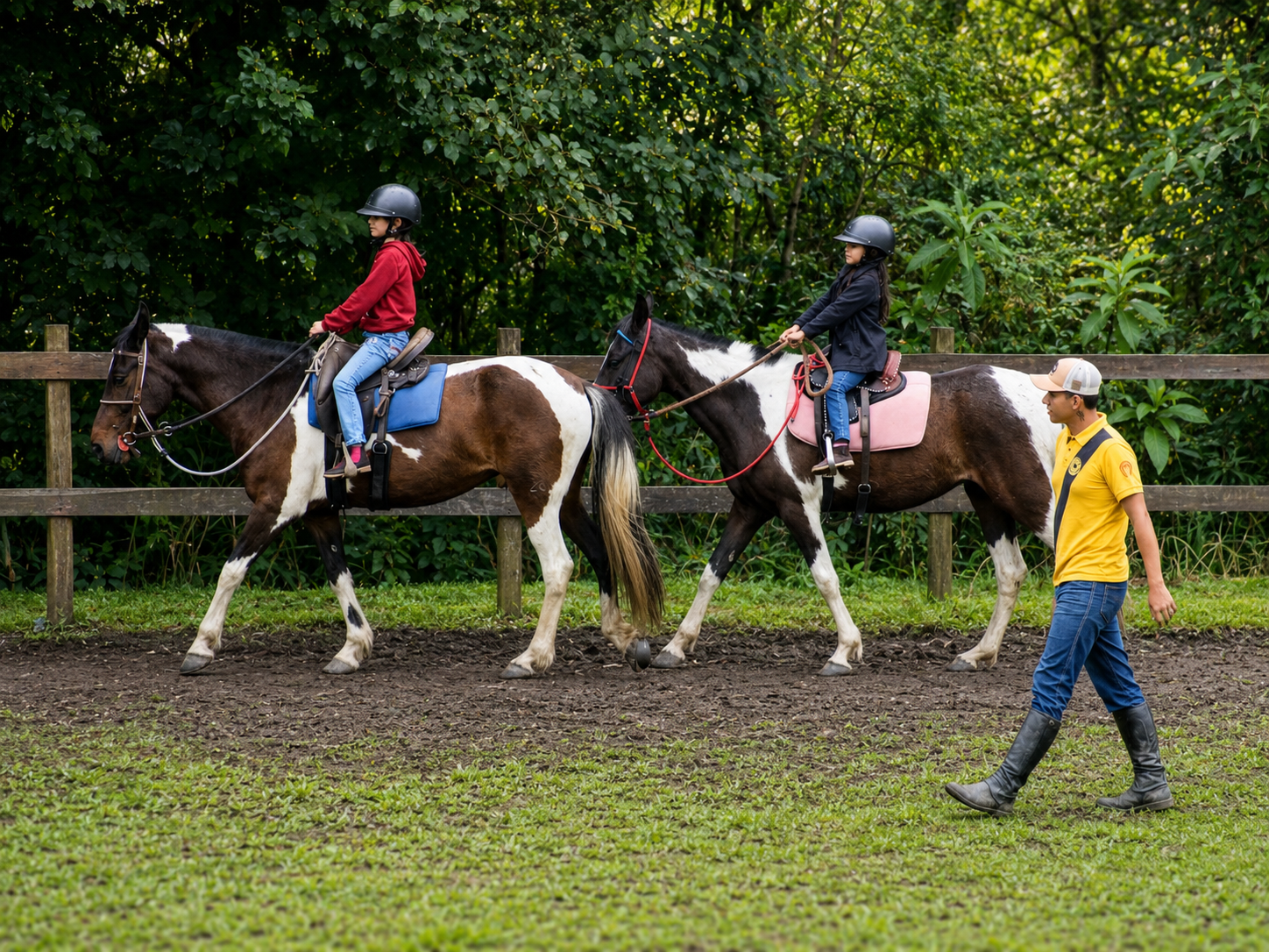 Instrutor orientando cavaleiro no haras
